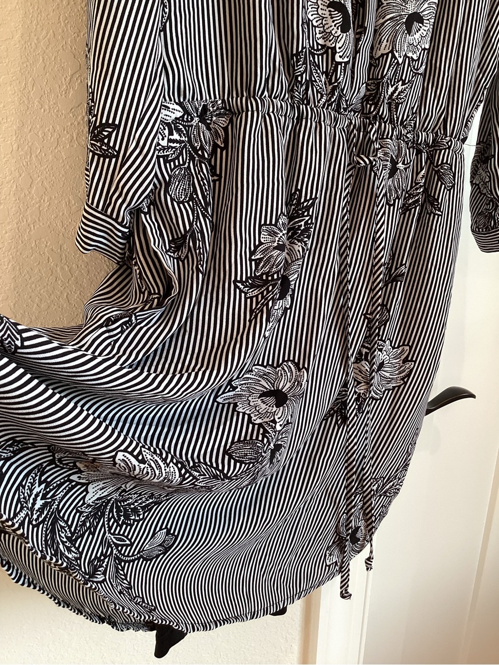 DR2 Long Sleeve Mini Dress Elastic Waist Large Black Stripe Floral - Picture 5 of 12